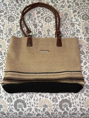 Woven Straw Tote with Brown Handles in Natural & Black